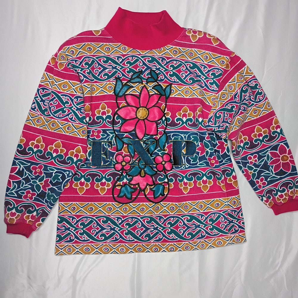 Express Pink and Blue Patterned Turtleneck Sweater